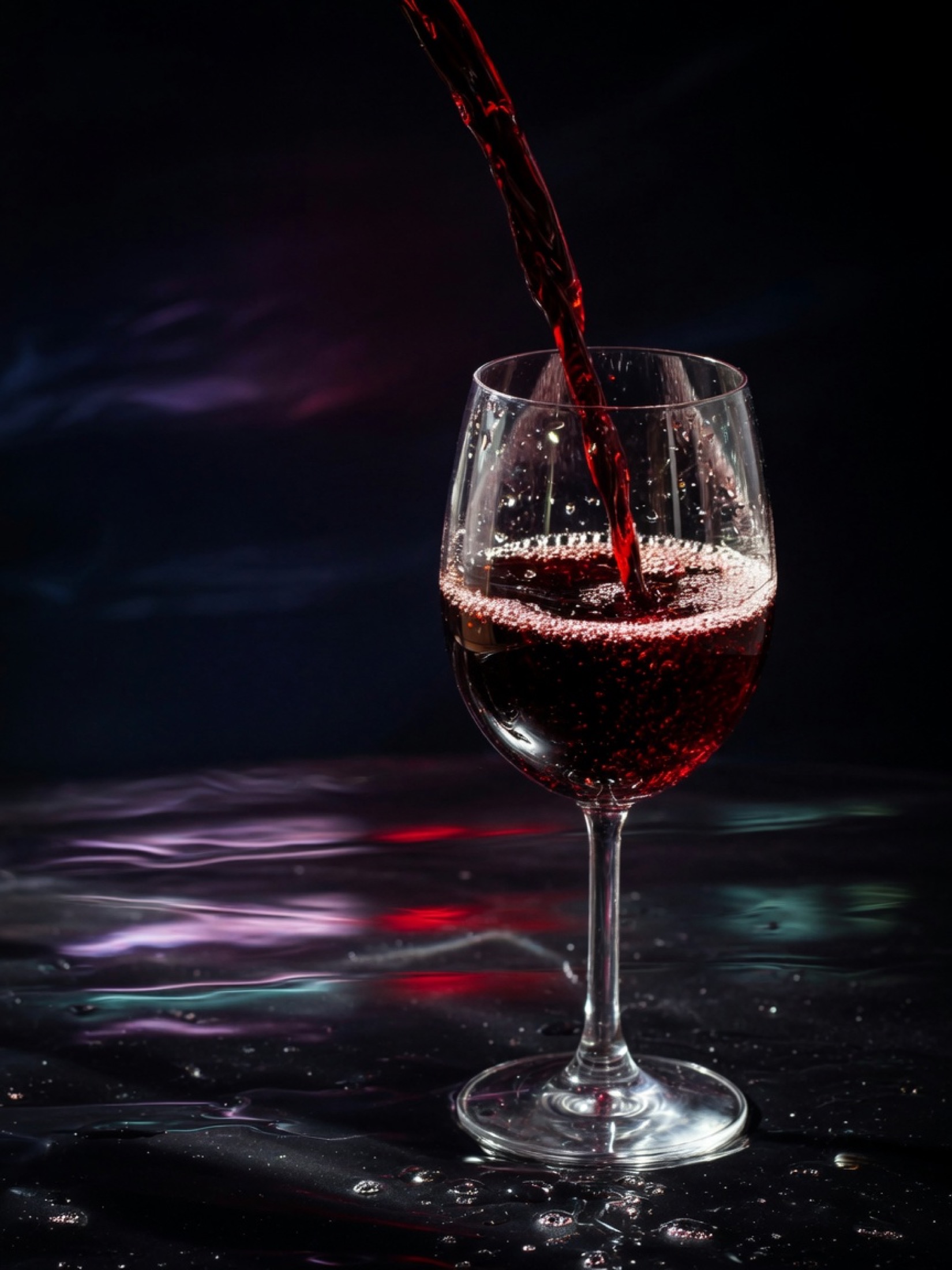 Wine pouring into a glass at night, house atmosphere, not a named cocktail